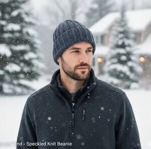 Lands End Beanie Hat Blue Speckled Marled Knit Cuff Winter Ski Unisex Headwear
